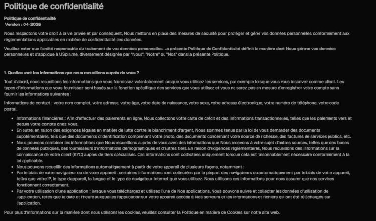 Uspin Casino politique confidentialité